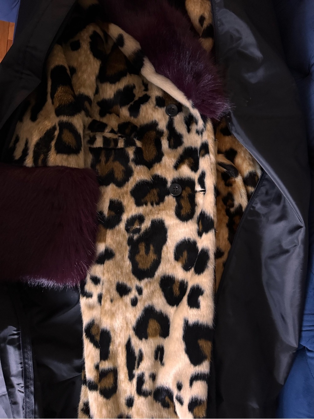 AKIRA Leopard Print Faux Fur Trim Long Coat in Tan and Burgundy - Picture 3 of 5